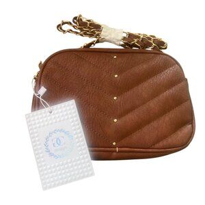 Chevron Quilted Brown Faux Leather Crossbody Bag Gold Chain Strap Zip‎ Close NEW